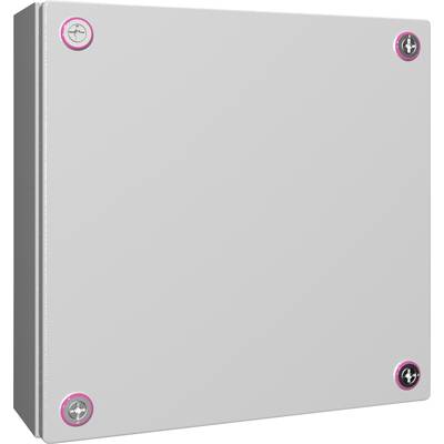 Un boîtier métallique gris avec quatre vis visibles à chaque coin.