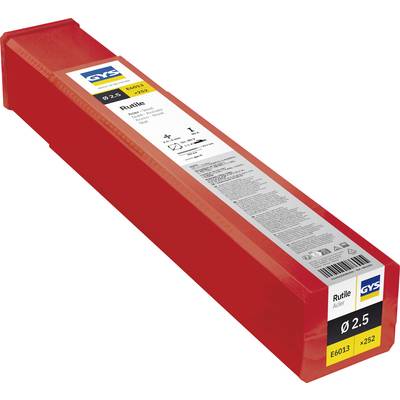 Boîte d'emballage rectangulaire rouge pour électrode de soudage étiquetée « Rutile », « Ø 2,5 », et « x252 » de GYS.