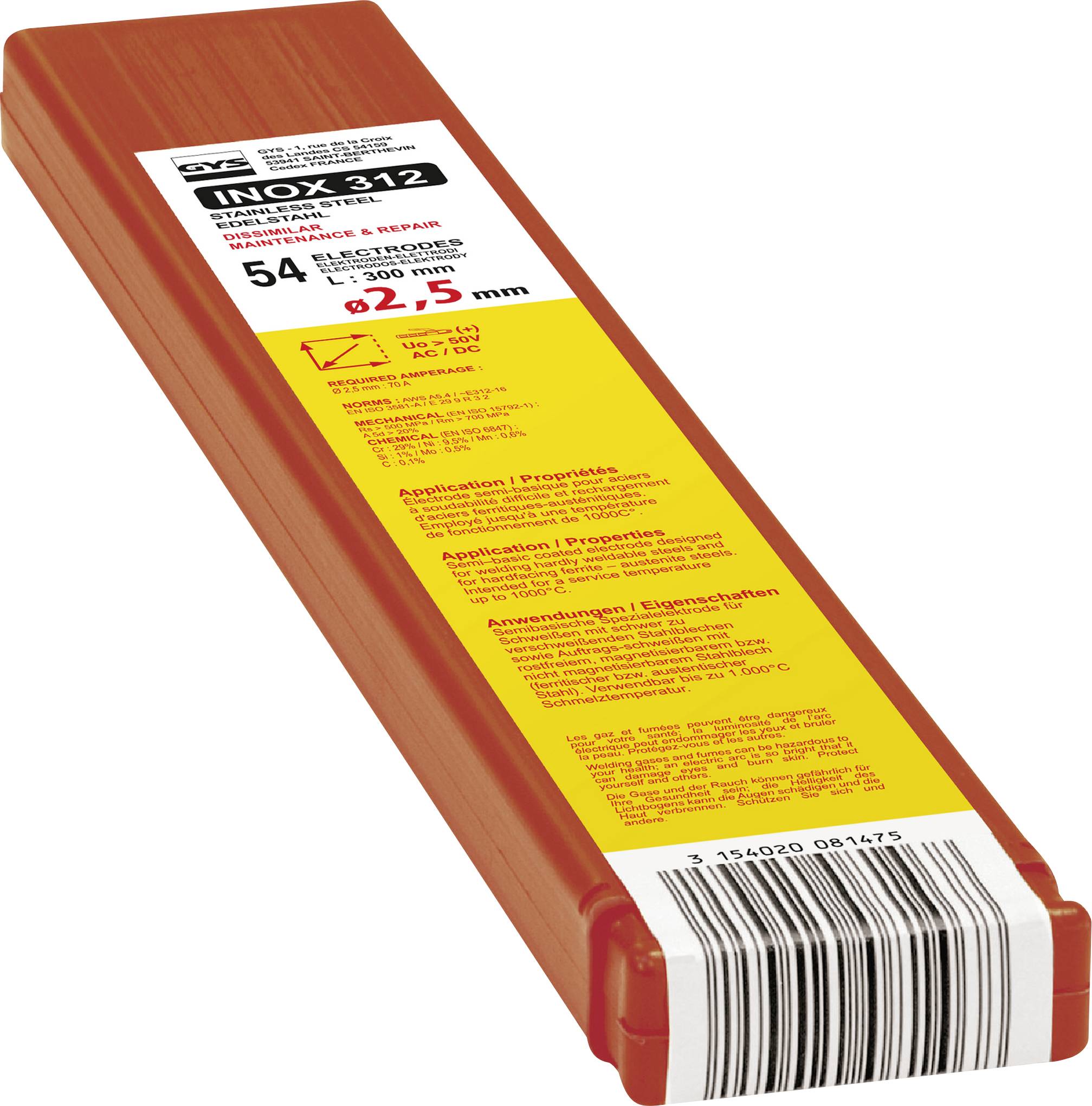 Boîte de tiges d'électrode de soudage en acier inoxydable INOX 312, 5 kg, diamètre 2,5 mm, avec étiquette code-barres.