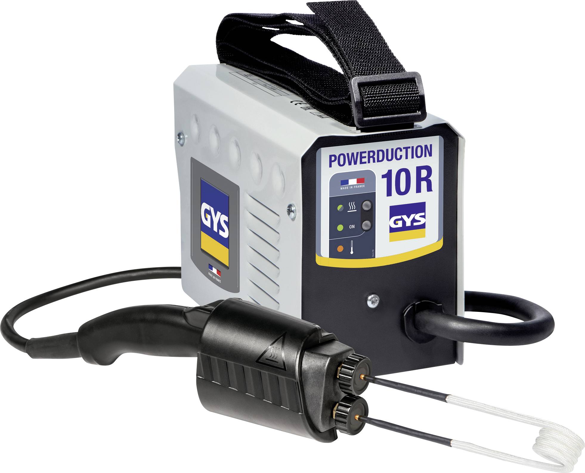 Machine à souder avec poignée et câble, modèle 'POWERDUCTION 10R', de GYS. Principalement utilisée dans un atelier.