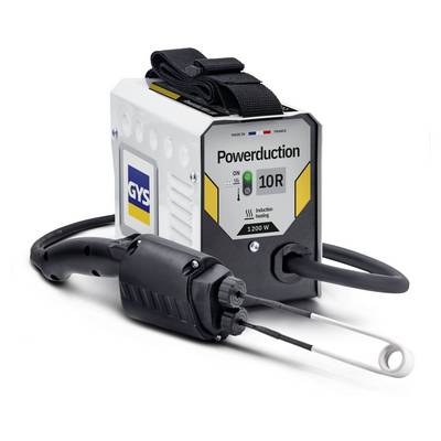 Appareil de chauffage par induction électrique portable étiqueté « Powersduction 10R » avec outil manuel attaché et bobines, présenté sur un fond blanc.