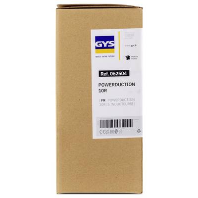 Boîte en carton étiquetée GYS POWERDUCTION 10R, Ref. 062504, avec code-barres et marquage Fabriqué en France.