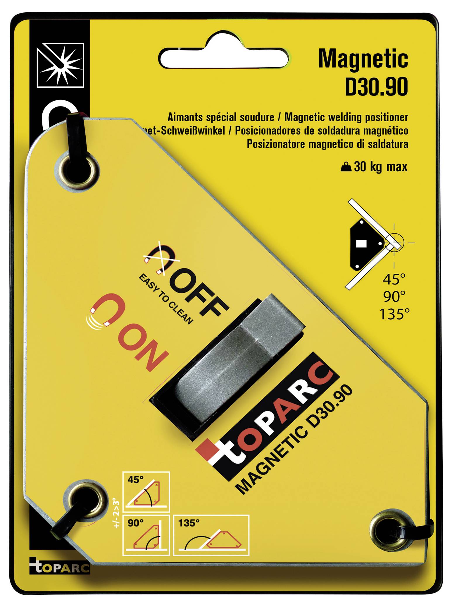 Emballage du 'Positionneur de Soudage Magnétique Toparc D30.90' avec un design jaune et noir, présentant des angles de 45°, 90°, 135° et un interrupteur 'MARCHE/ARRÊT'.