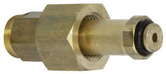 Un cylindre en laiton avec un écrou hexagonal et un joint d'étanchéité en caoutchouc noir, probablement un élément d'un raccordement de gaz ou d'un système de tuyauterie.