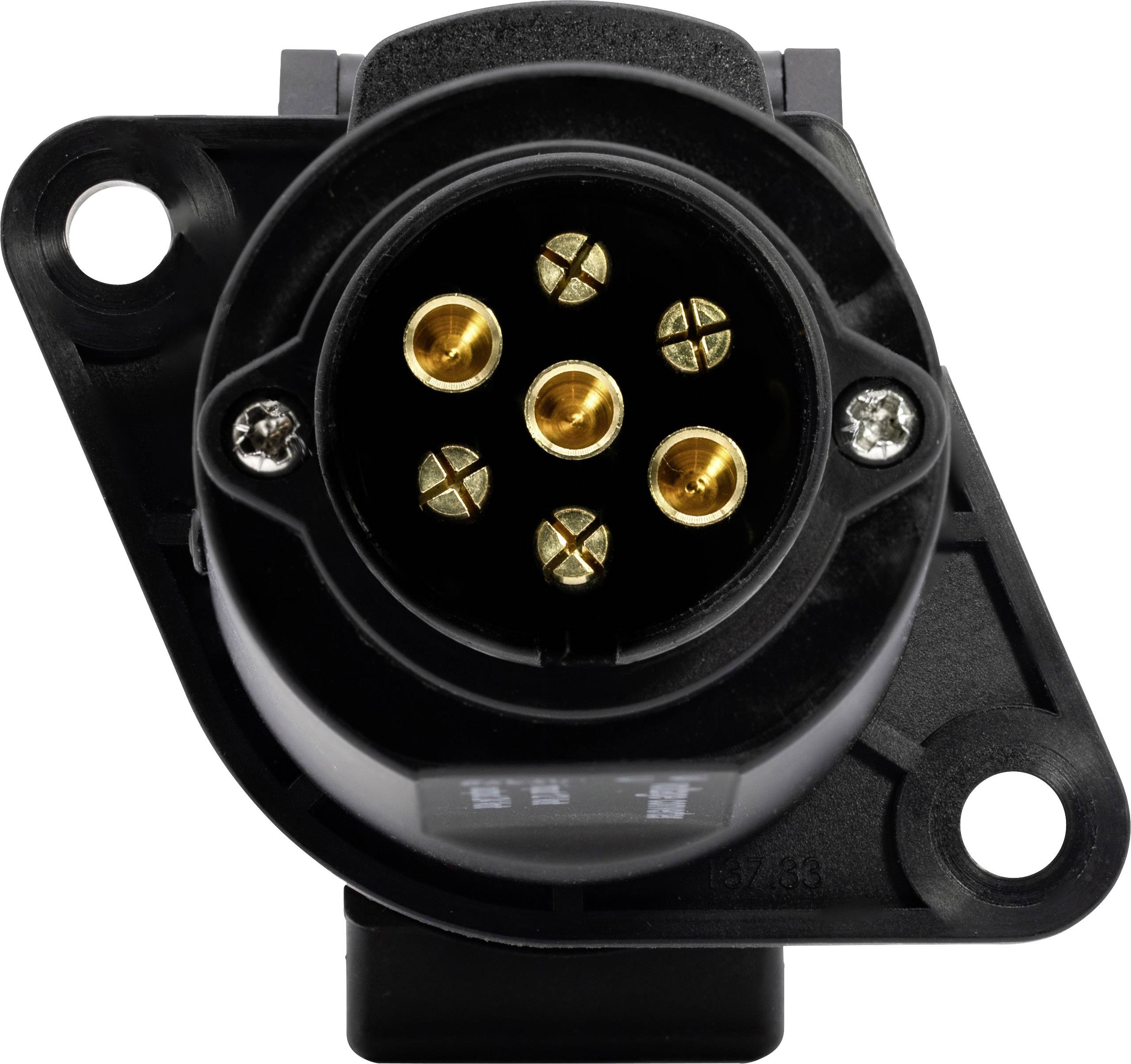 Fiche électrique à six contacts dorés, montée sur une plaque en plastique noir, destinée à des applications industrielles ou techniques.