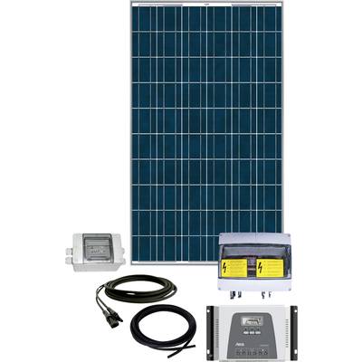 Kit de module solaire composé d'un panneau solaire, de deux contrôleurs et de câbles pour la conversion et le stockage de l'énergie.