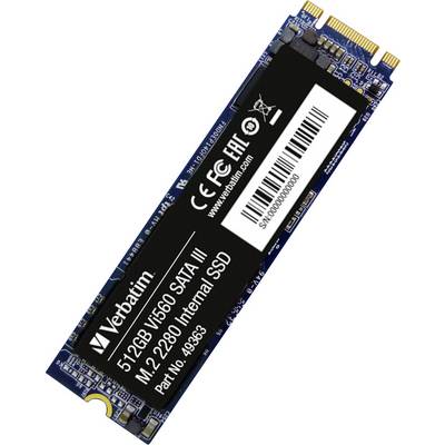 Un SSD interne M.2 2280 de Verbatim avec 512 Go de stockage, numéro de modèle Vi560 SATA III. Il présente une étiquette avec des détails techniques.