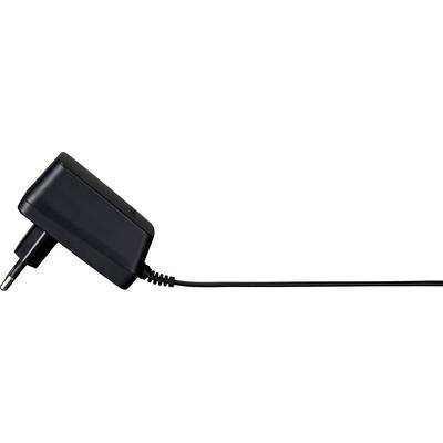 Adaptateur secteur noir avec fiche européenne et long câble, vu de côté.