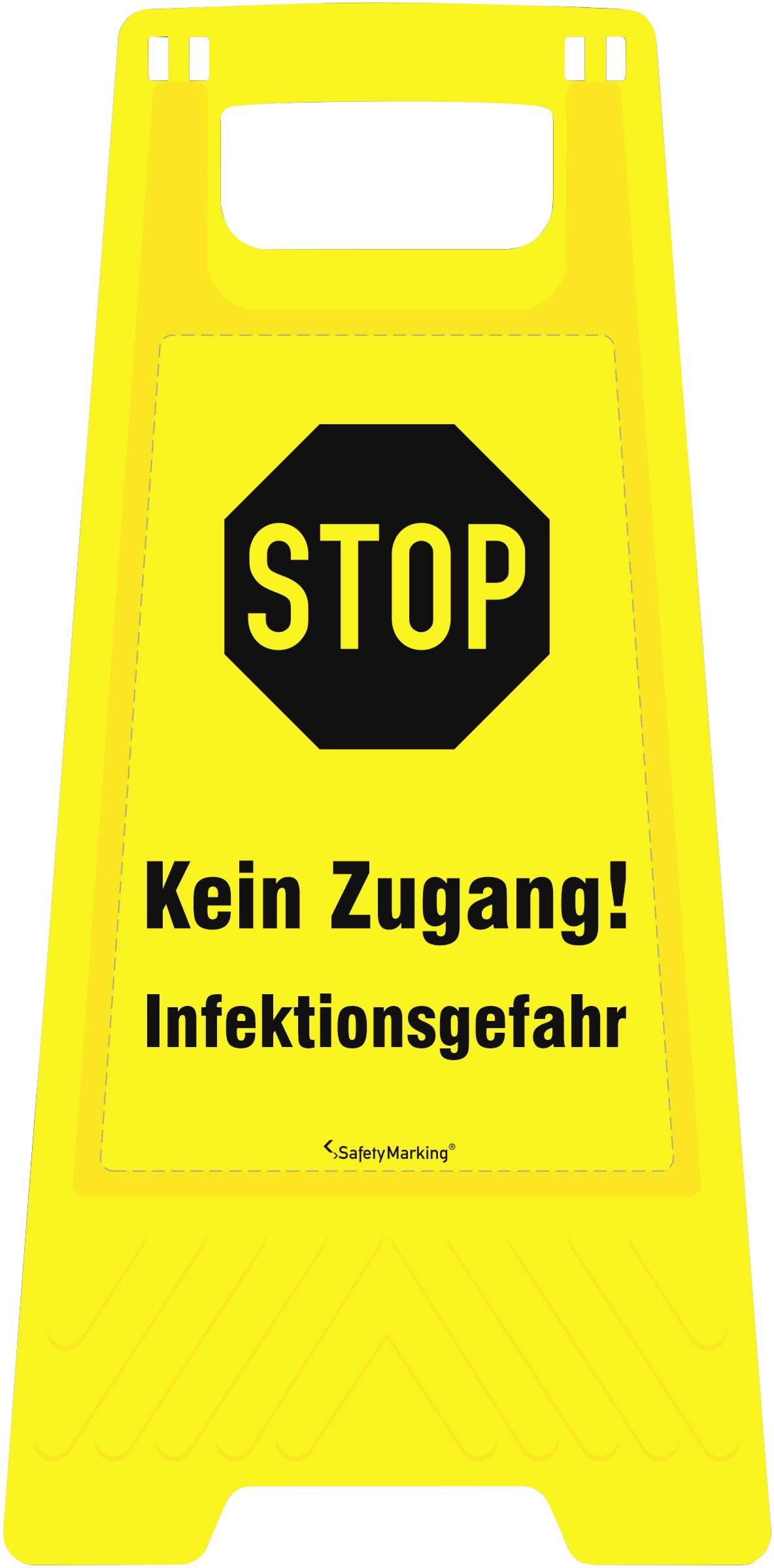 Panneau d'avertissement jaune avec un octogone noir 'STOP'. Texte : 'Accès interdit ! Risque d'infection'. Indicateur de zones restreintes.
