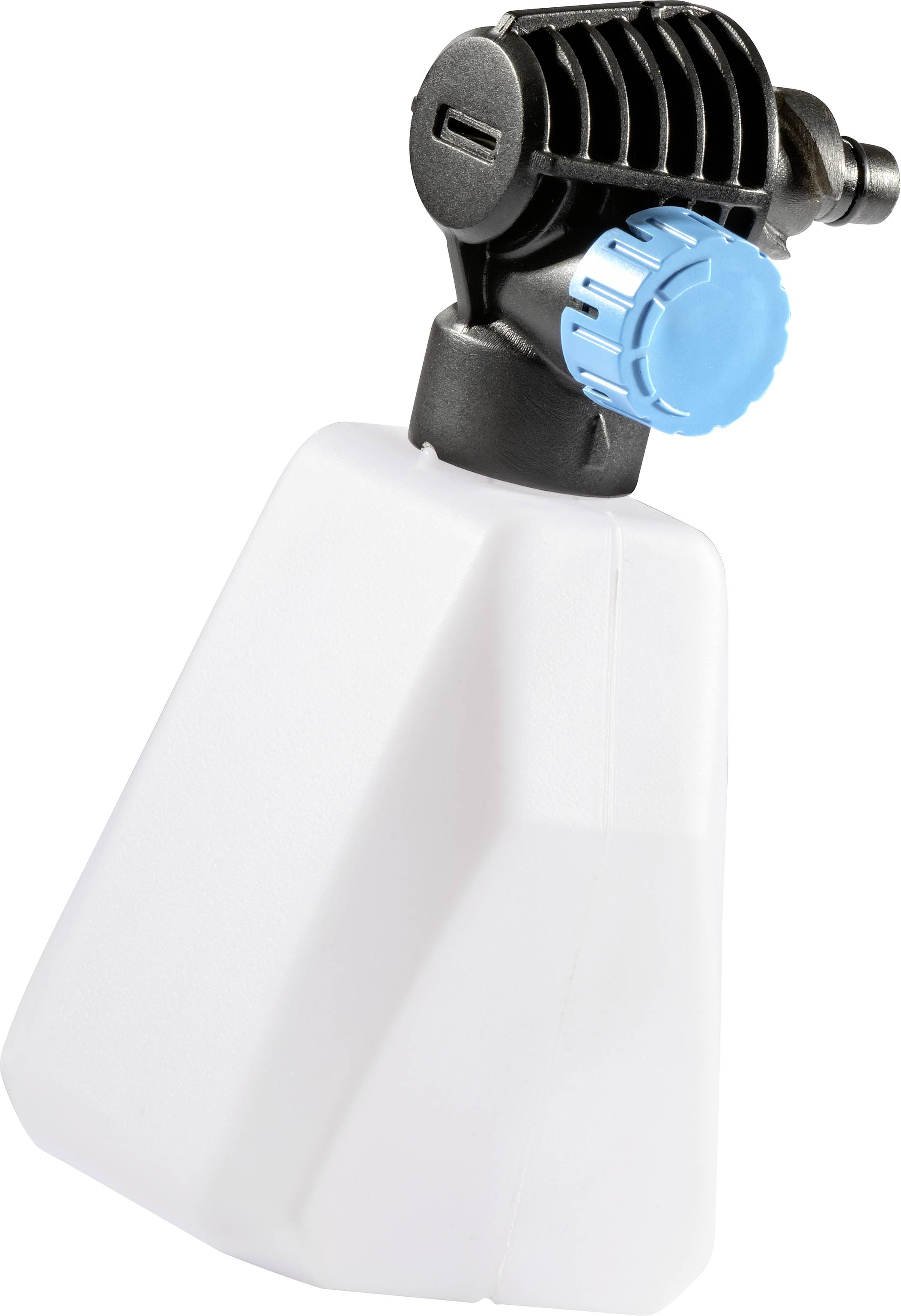 Un récipient blanc équipé d'un pulvérisateur noir et bleu, utilisé pour vaporiser des liquides.