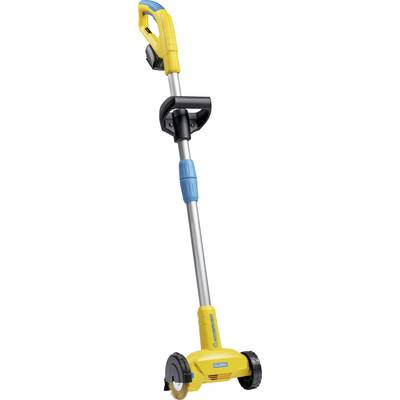 Un nettoyant électrique jaune pour désherber, équipé d'un long manche, d'une poignée ergonomique et de deux roues de guidage.