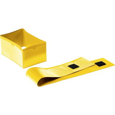 Boîte de rangement cubique jaune et ruban adhésif jaune sur fond blanc.