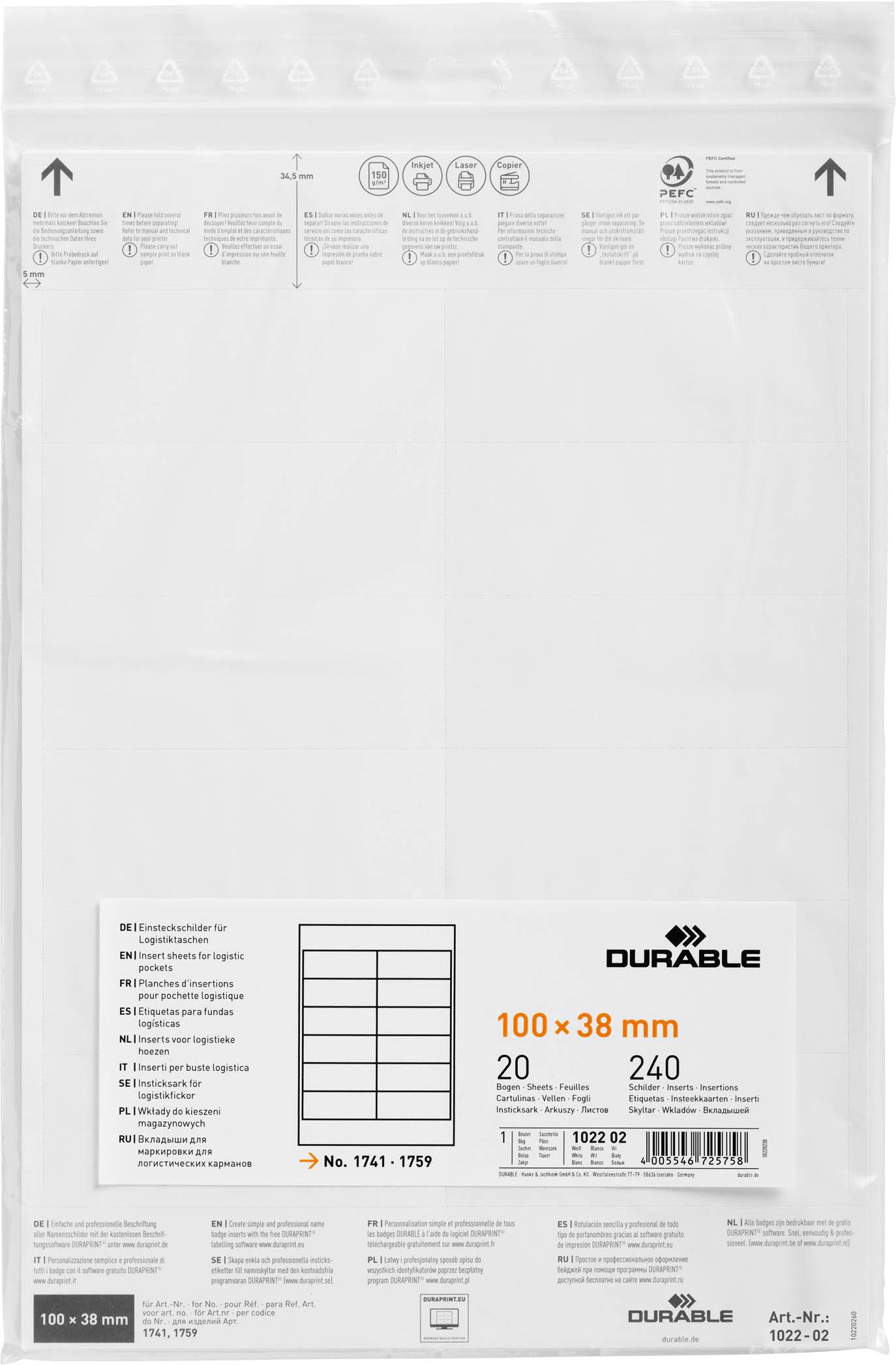 Papier d'étiquettes transparent de Durable, format 100 x 38 mm, 20 feuilles, 240 étiquettes, prédécoupées. L'emballage présente les informations du fabricant.