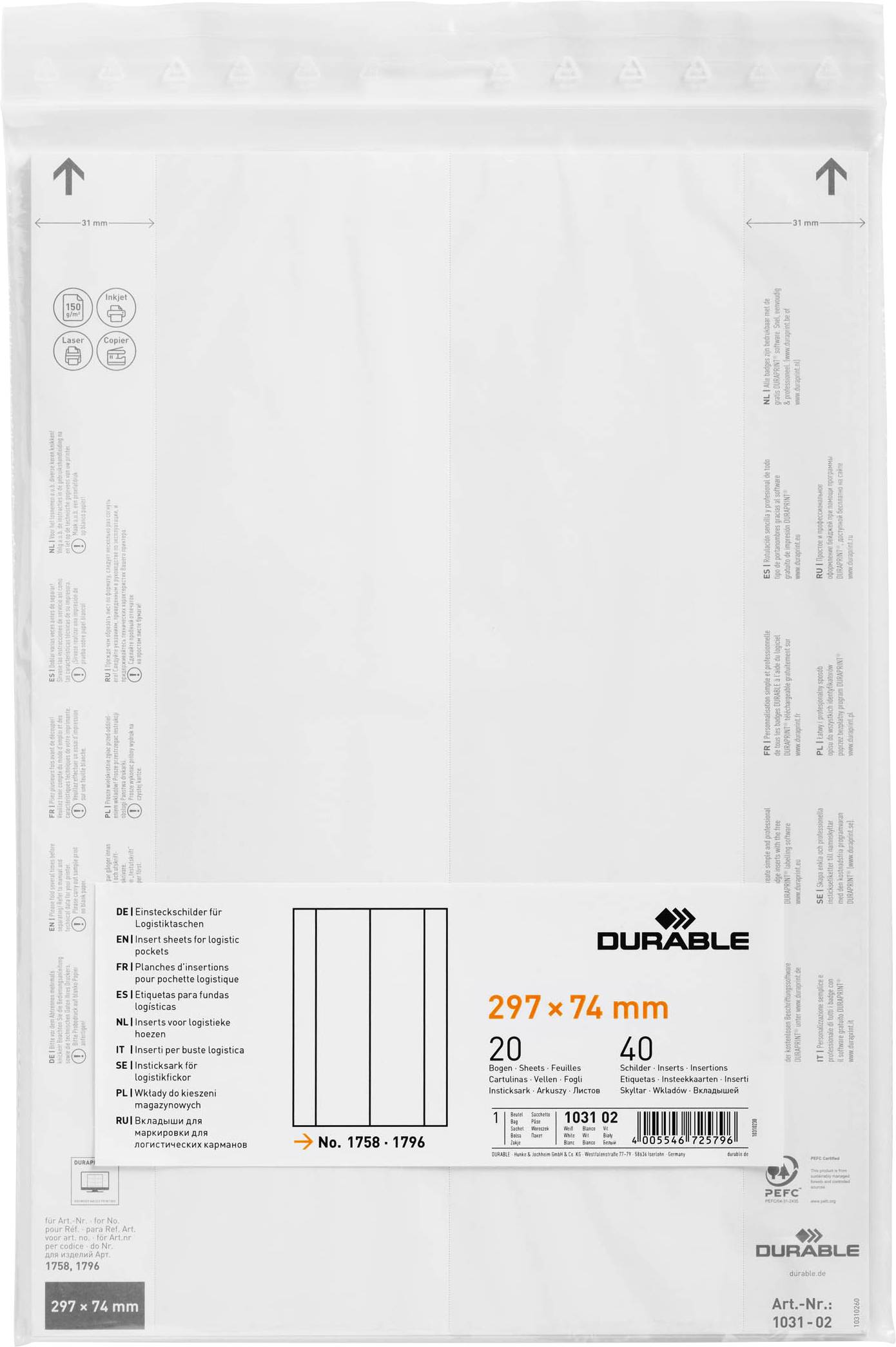 Emballage de 20 feuilles d'étiquettes Durable au format DIN A4, dimensions 297 x 74 mm. Contient les informations produit et les instructions d'utilisation.
