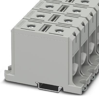 Bloc de raccordement modulaire gris-blanc à plusieurs connexions, avec un accent sur la structure et les possibilités de branchement.