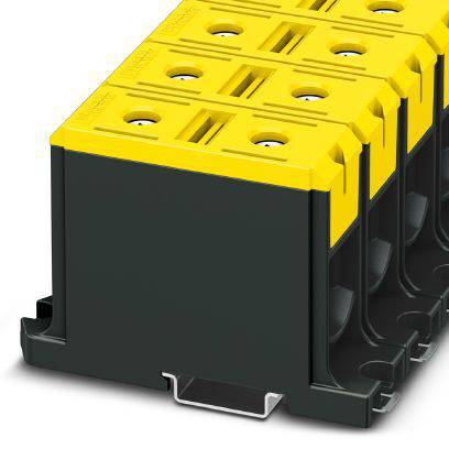Un bloc de connecteurs électriques rectangulaire jaune en plastique, avec plusieurs bornes, adapté aux applications industrielles.