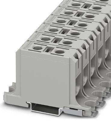 Barrette de connexion multipolaire grise en plastique, adaptée au montage sur rail DIN, conçue pour la connexion de fils électriques, offrant plusieurs possibilités de raccordement.