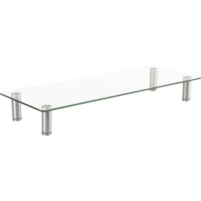 Une table basse en verre rectangulaire avec quatre pieds cylindriques en métal.