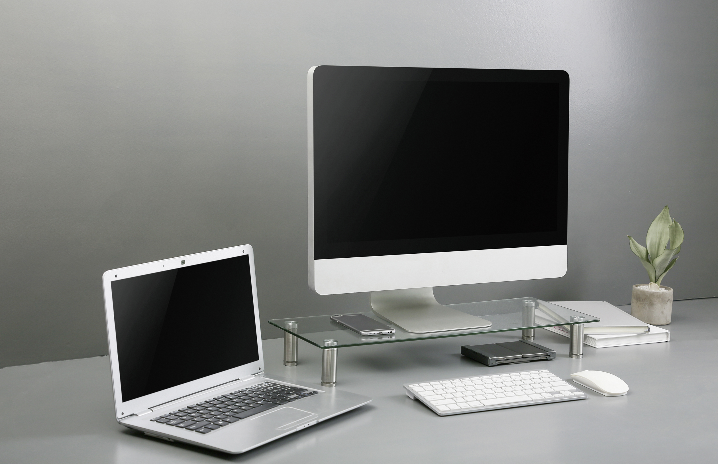 Un bureau moderne avec un ordinateur de bureau, un ordinateur portable, un clavier et une souris. Une petite plante est posée à côté.