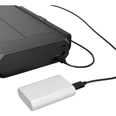 Un imprimante portable est connecté à une batterie externe blanche. L'indicateur de la batterie affiche quatre points lumineux.