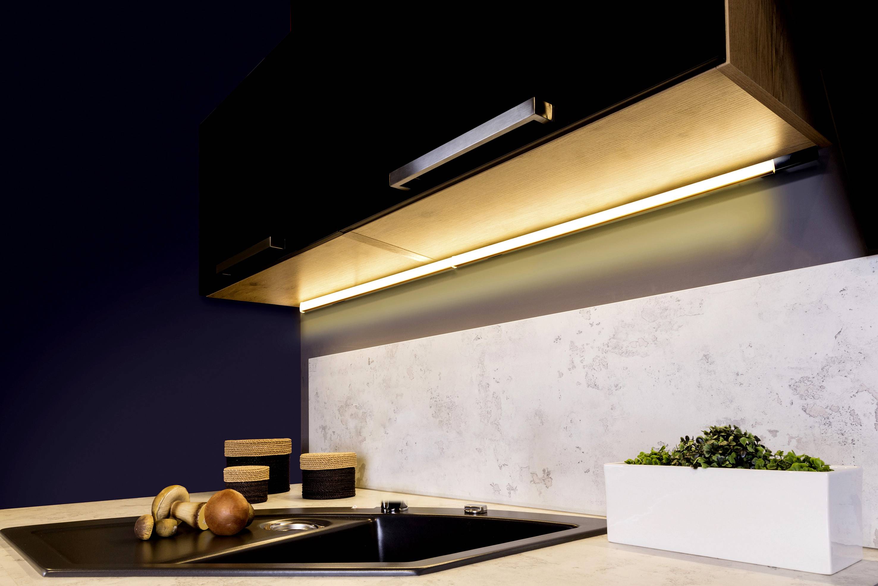 Un placard de cuisine moderne avec un éclairage LED au-dessus d'un plan de travail contenant un évier, des fruits et un plateau d'épices.
