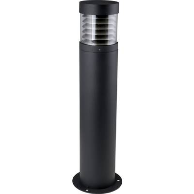 Lampe de jardin noire de forme cylindrique avec des lamelles horizontales dans la partie supérieure pour diffuser la lumière.