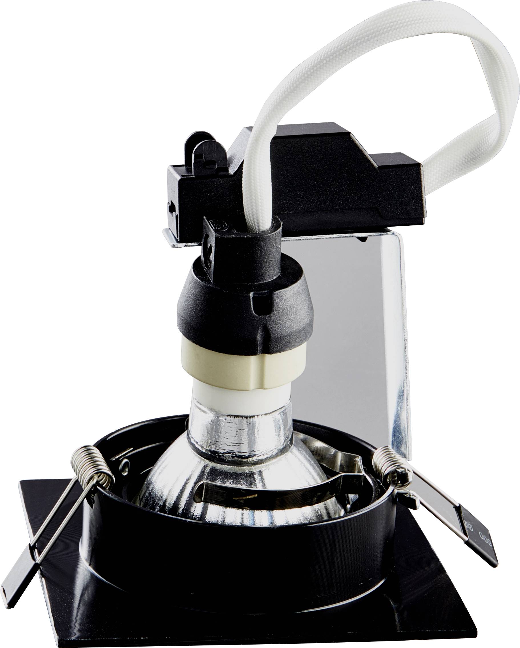Spot encastrable avec cadre carré noir, ampoule réglable et câble de connexion en haut, sur fond blanc.