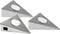 Trois luminaires LED triangulaires en acier inoxydable, dont un équipé d'un interrupteur. Adaptés à l'éclairage de cuisine ou d'espace de travail.