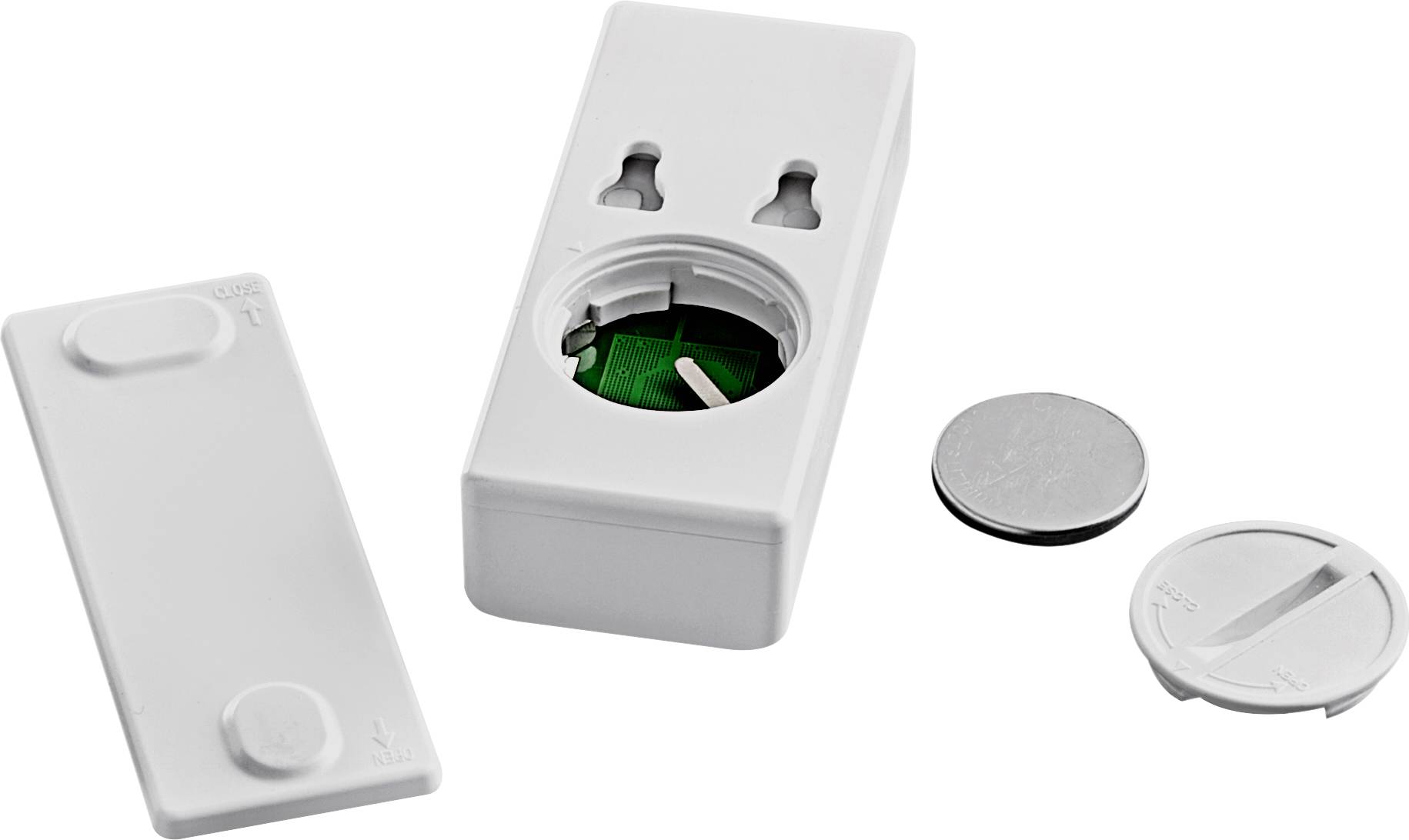 Compartiment de batterie blanc avec couvercle ouvert, pile bouton retirée et couvercle de batterie séparé. Adapté pour le remplacement des piles.