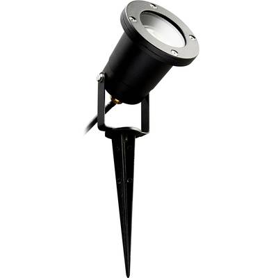 Lampadaire extérieur noir avec piquet de terre, adapté à l'éclairage de jardin. Il présente un boîtier rond et est monté sur un piquet de sol.