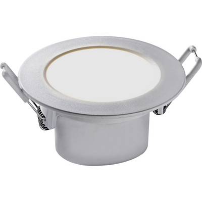 Spot encastrable LED rond en finition argentée, adapté pour une installation au plafond, avec deux ressorts latéraux pour la fixation.