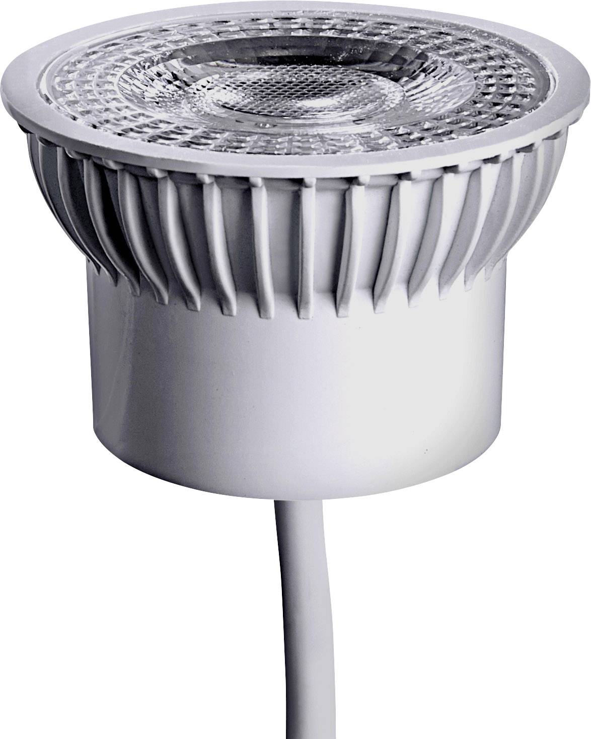 Lampe LED avec ailettes de refroidissement et câble, vue latérale. Adaptée pour un éclairage directionnel à haute efficacité énergétique.
