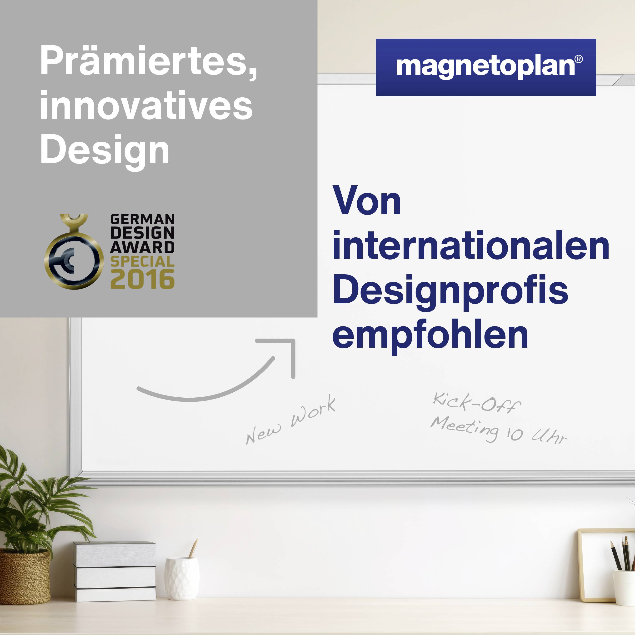 Tableau magnétique 'Magnetoplan' avec plantes et objets décoratifs, primé par le German Design Award 2016 pour son design innovant.