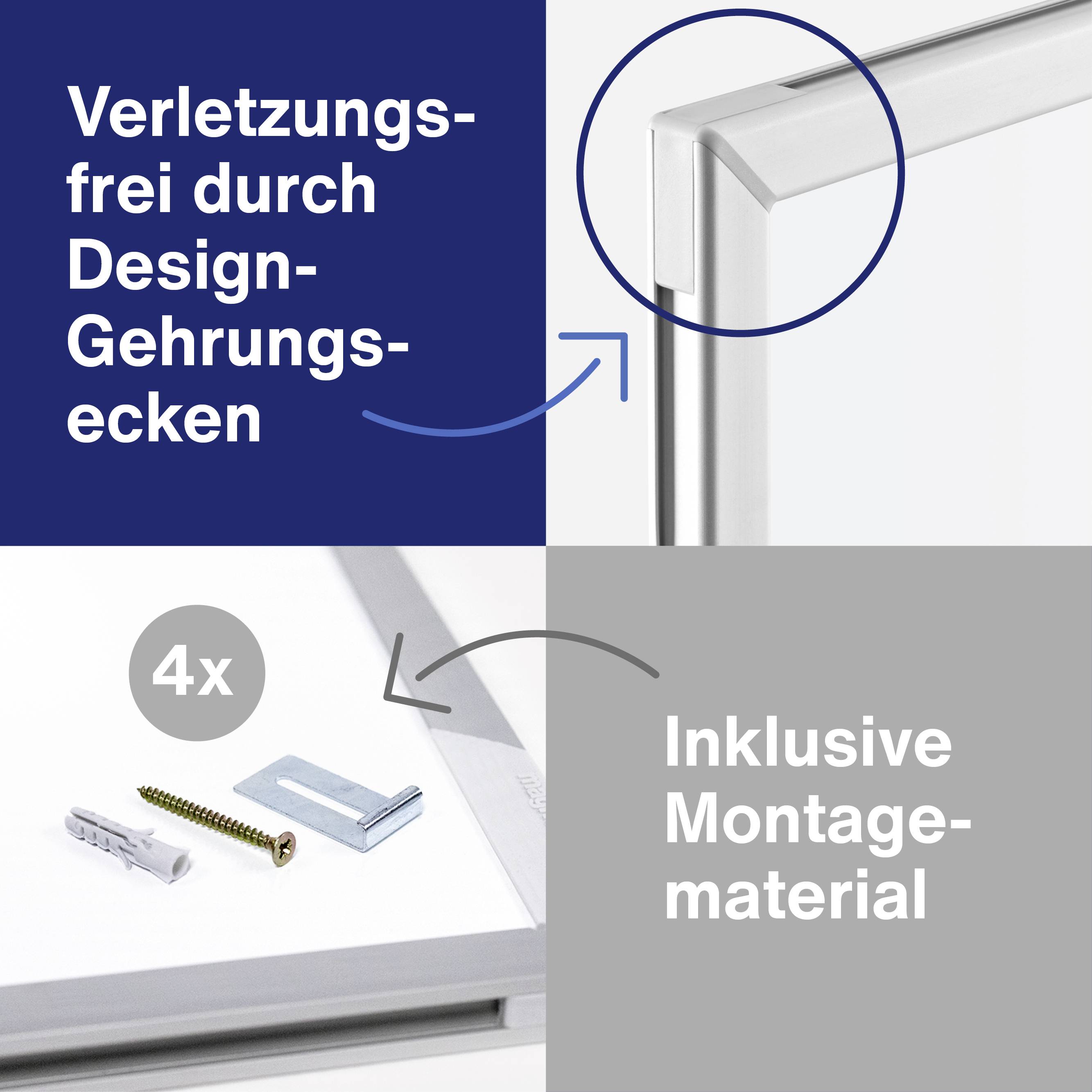 « Sans blessure grâce aux angles de coupe design » avec l'image d'un cadre. « Matériel de montage inclus » avec des vis et des chevilles représentés.