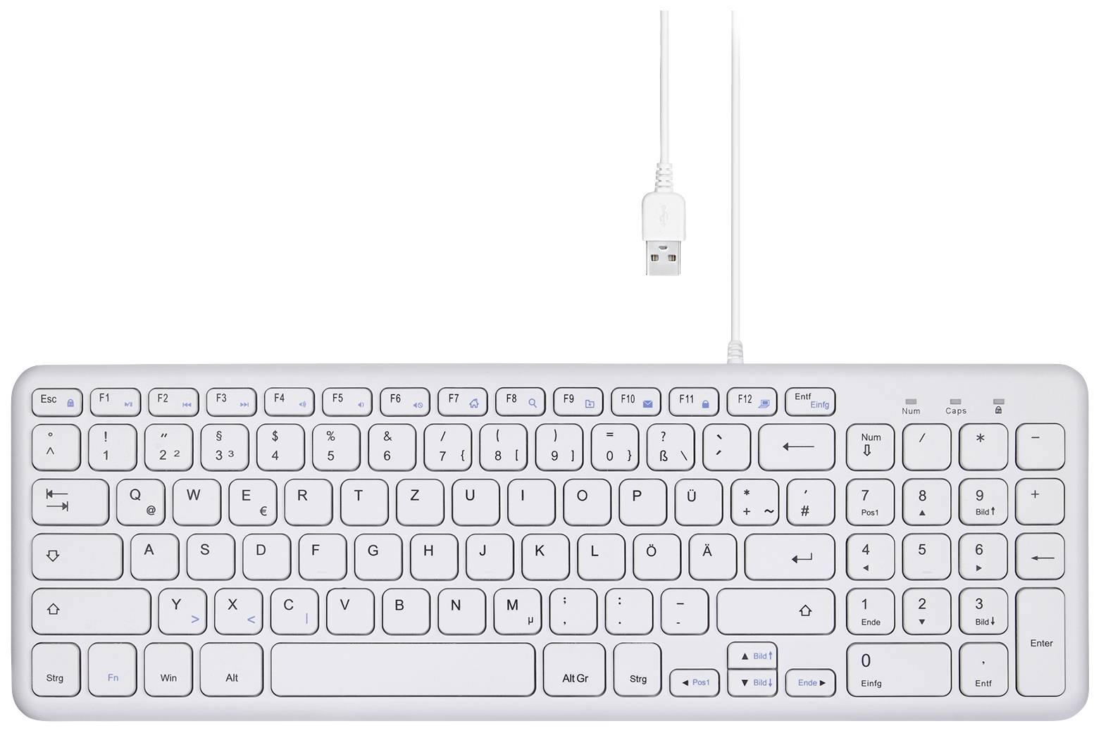 Un clavier d'ordinateur filaire blanc avec disposition allemande QWERTZ, comprenant des touches de fonction et un pavé numérique.