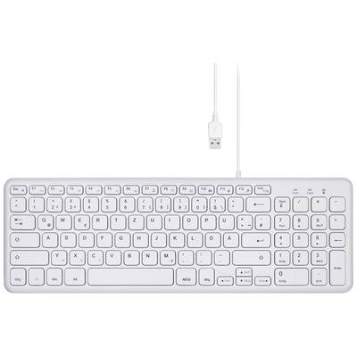 Un clavier d'ordinateur filaire blanc avec disposition allemande QWERTZ, comprenant des touches de fonction et un pavé numérique.