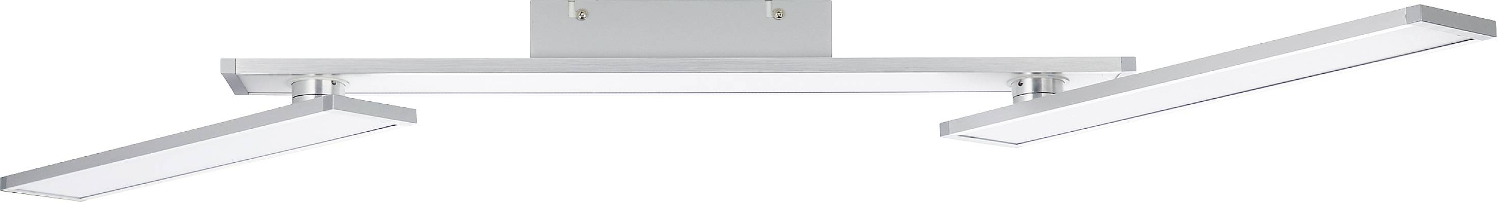 Plafonnier argenté avec trois branches LED rectangulaires et ajustables. Design minimaliste pour intérieurs modernes.