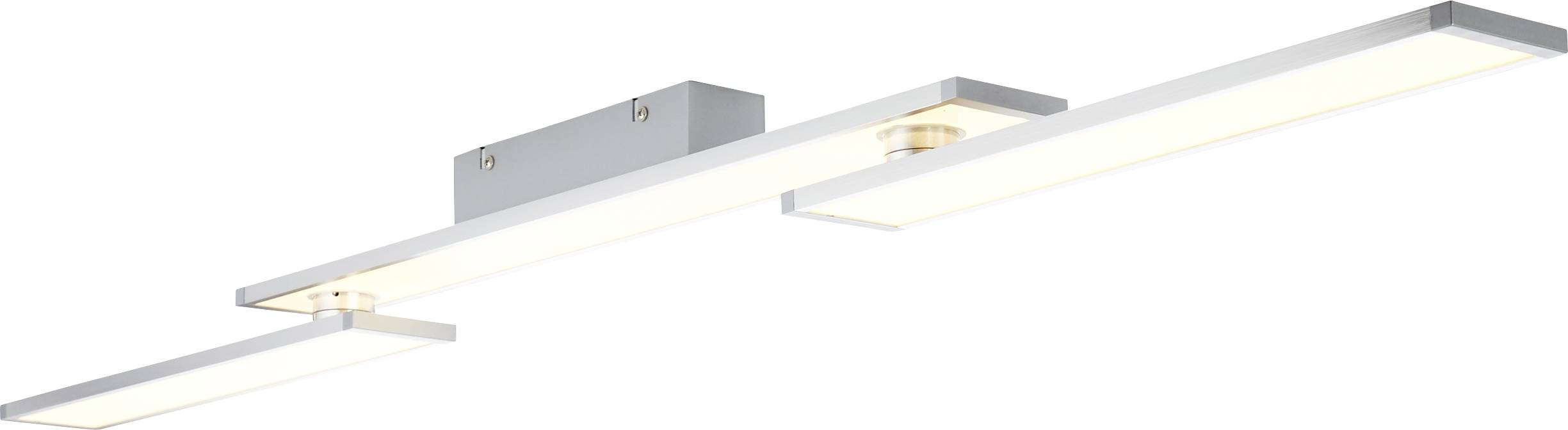 Un luminaire de plafond LED moderne et rectangulaire avec deux bandes horizontales dans un boîtier argenté.