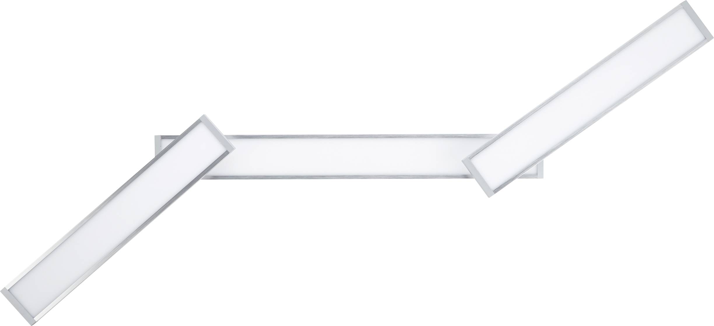 Plafonnier blanc et moderne composé de trois panneaux lumineux rectangulaires et fins, disposés à des angles obliques les uns par rapport aux autres.