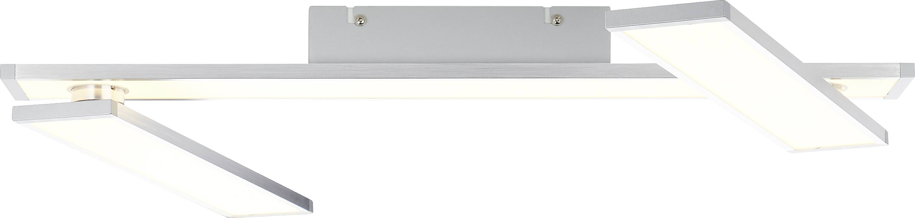 Un luminaire de plafond moderne à trois branches avec des panneaux lumineux rectangulaires dans un design minimaliste en métal.