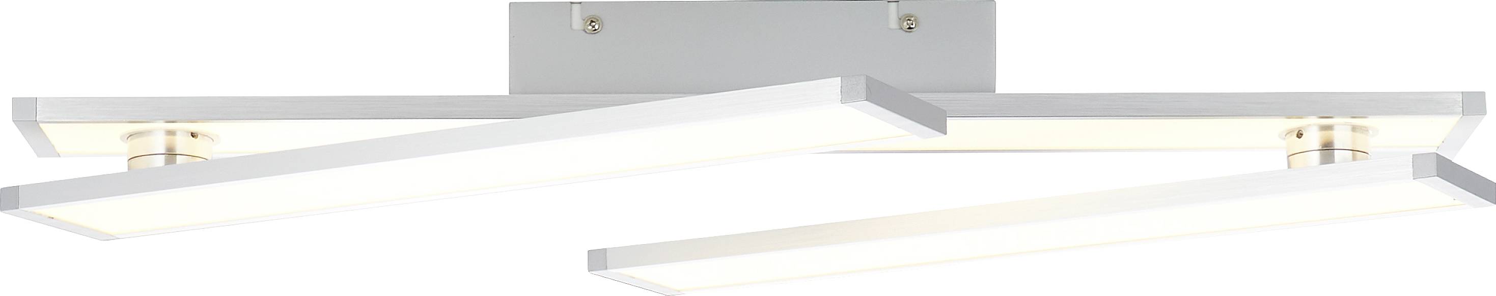 Lampadaire moderne avec trois éléments rectangulaires horizontaux lumineux, aspect aluminium.