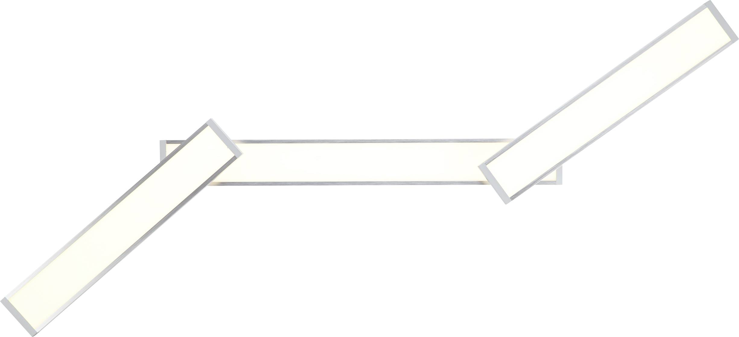 Trois luminaires rectangulaires blancs, disposés à différents angles, montés horizontalement sur un mur. Design minimaliste.