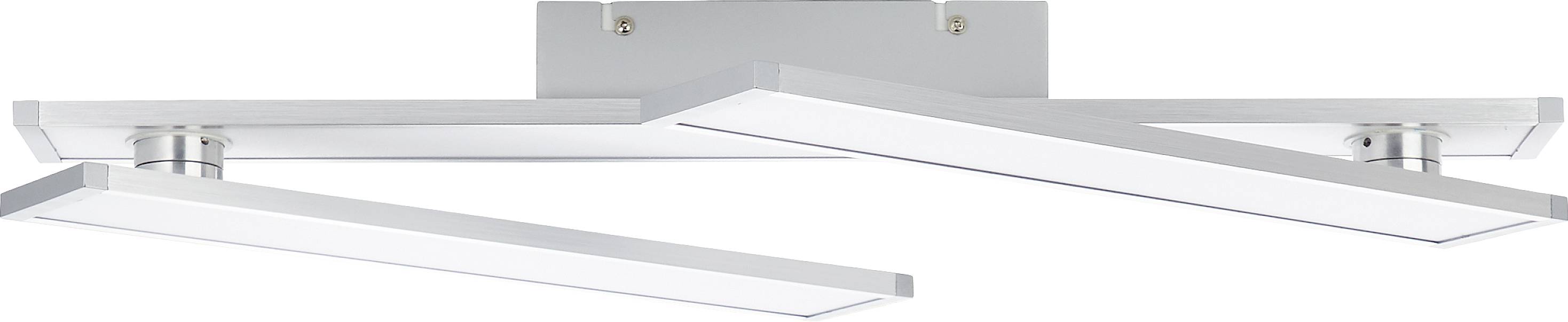 Plafonnier moderne avec deux bandes lumineuses parallèles étroites dans un boîtier argenté. Idéal pour les intérieurs minimalistes.