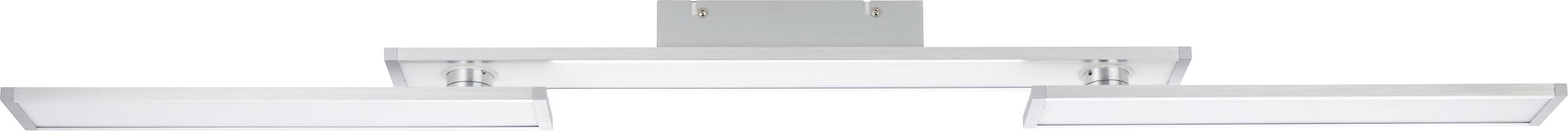 Un luminaire de plafond LED moderne et minimaliste avec trois éléments lumineux rectangulaires dans un style chromé.