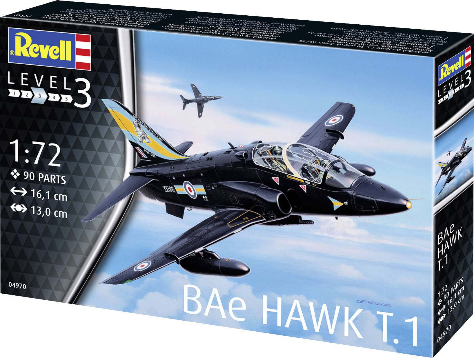 Emballage du kit de modélisme 'BAe HAWK T.1' de Revell, Niveau 3, échelle 1:72. L'illustration montre un avion à réaction en vol.