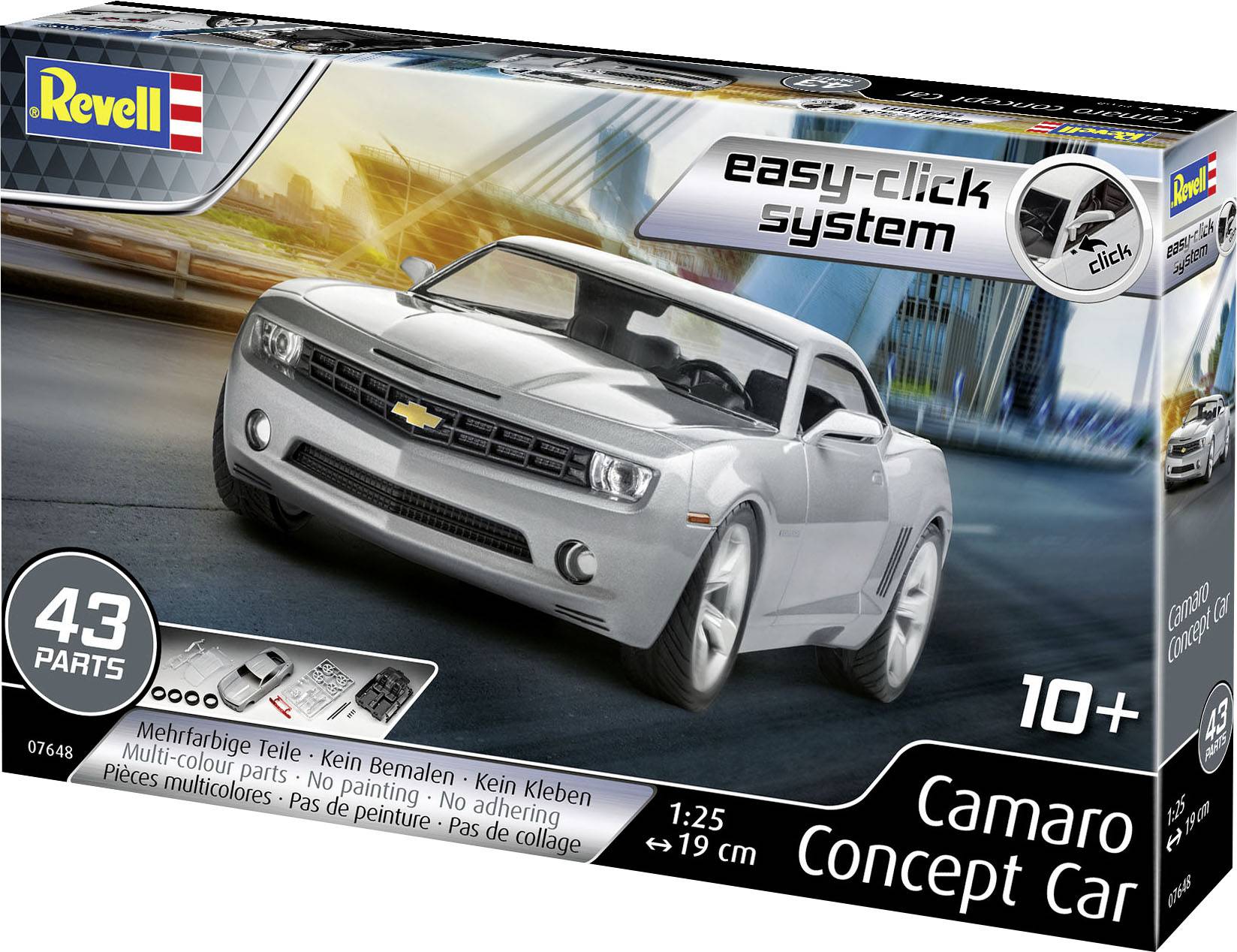 Kit d'un modèle Revell 'Camaro Concept Car' à l'échelle 1:25 comprenant 43 pièces, adapté aux enfants à partir de 10 ans, couleur argent.