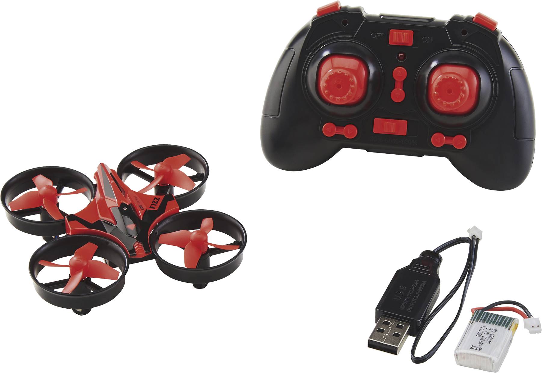 Un petit drone avec des hélices, une télécommande et un câble de chargement USB avec batterie.