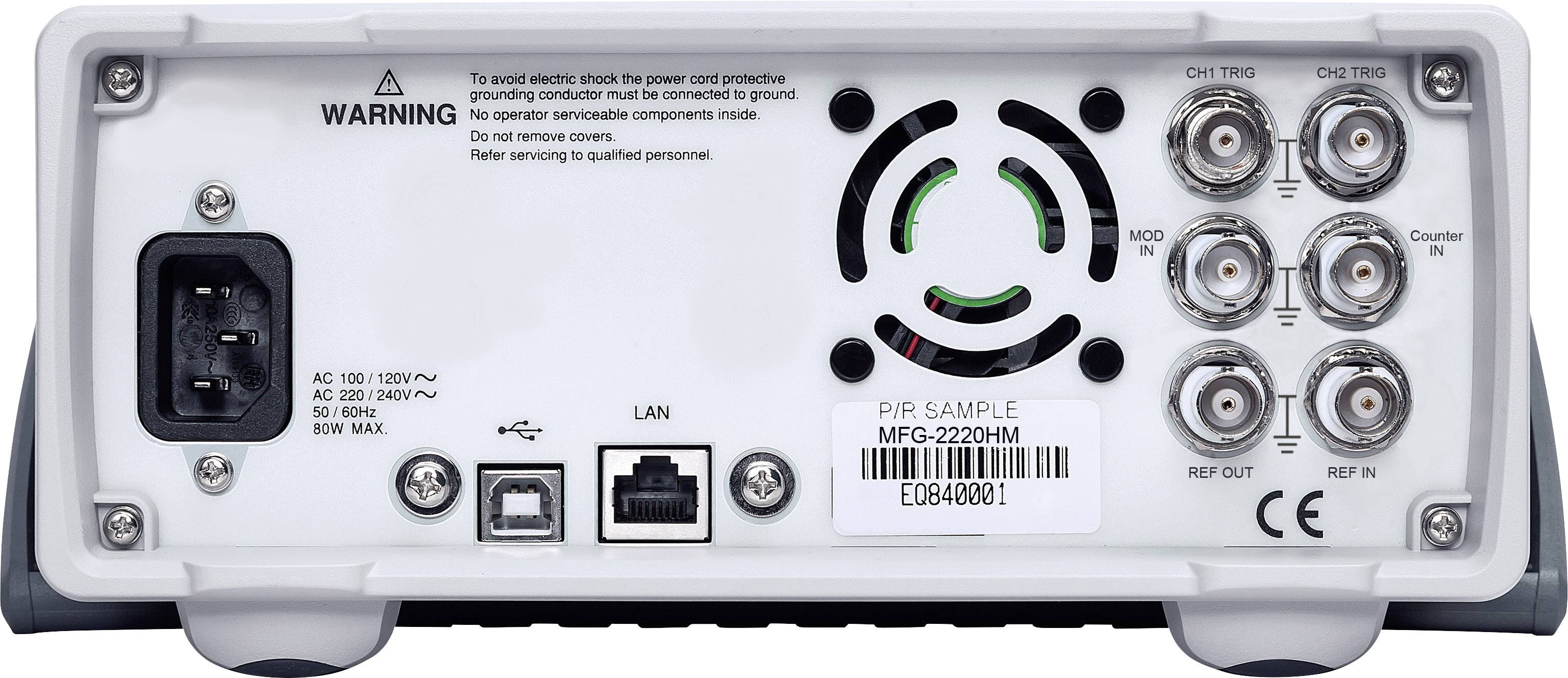 'Arrière d'un appareil électronique avec différents ports, connexion secteur, port LAN et avertissement de sécurité.'