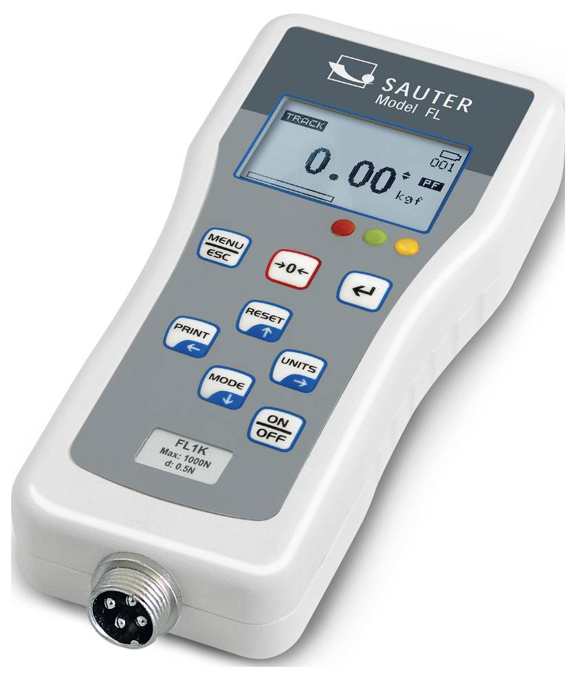 Appareil de mesure de force numérique 'Sauter Modèle FL' avec affichage indiquant 0,00 kgf. Boutons de commande pour menu, impression, réinitialisation et mode sur la face avant.