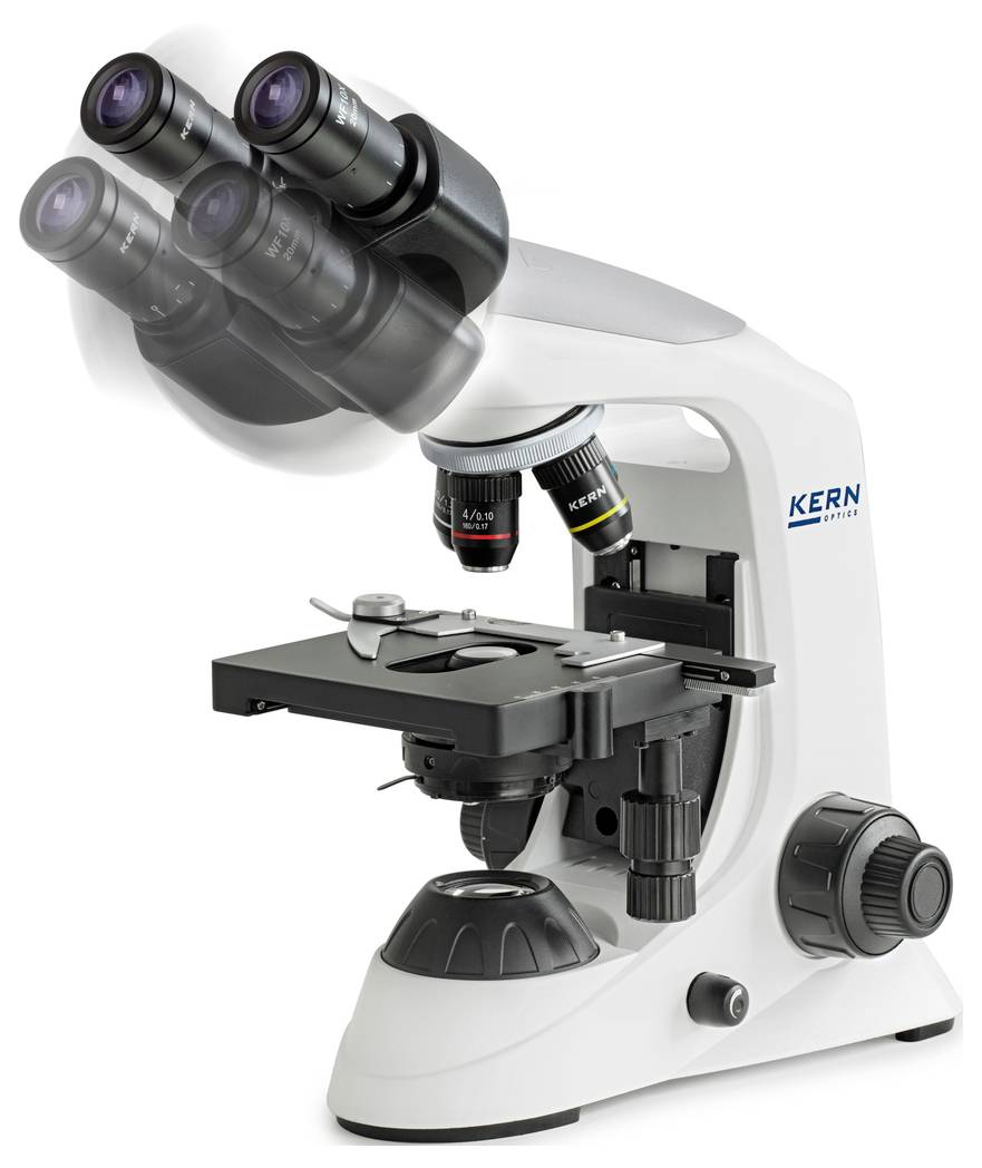 Un microscope blanc avec une tête rotative et trois objectifs, adapté aux examens de laboratoire et à la recherche scientifique.